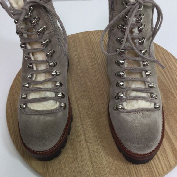 Jeffrey Campbell Stanley Faux Fur Trim Lace Up Hiker Boots Suede Taupe Beige 5.5 - Picture 7 of 14